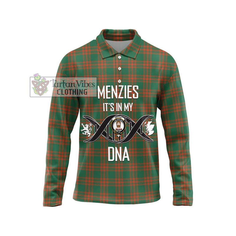 Menzies Green Ancient Tartan Long Sleeve Polo Shirt with Family Crest DNA In Me Style