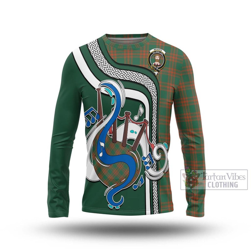 Menzies Green Ancient Tartan Long Sleeve T-Shirt with Epic Bagpipe Style