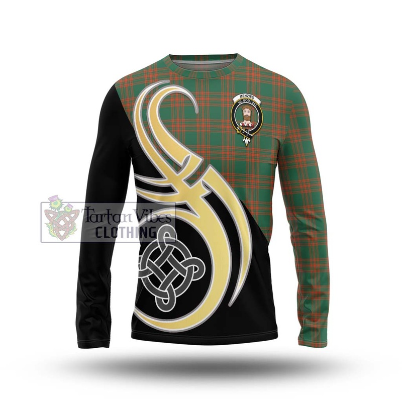 Menzies Green Ancient Tartan Long Sleeve T-Shirt with Family Crest and Celtic Symbol Style