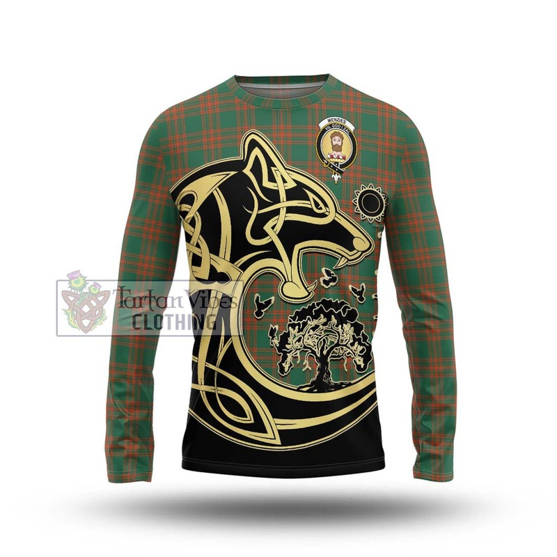 Menzies Green Ancient Tartan Long Sleeve T-Shirt with Family Crest Celtic Wolf Style