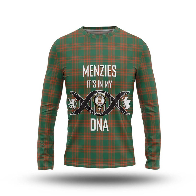 Menzies Green Ancient Tartan Long Sleeve T-Shirt with Family Crest DNA In Me Style