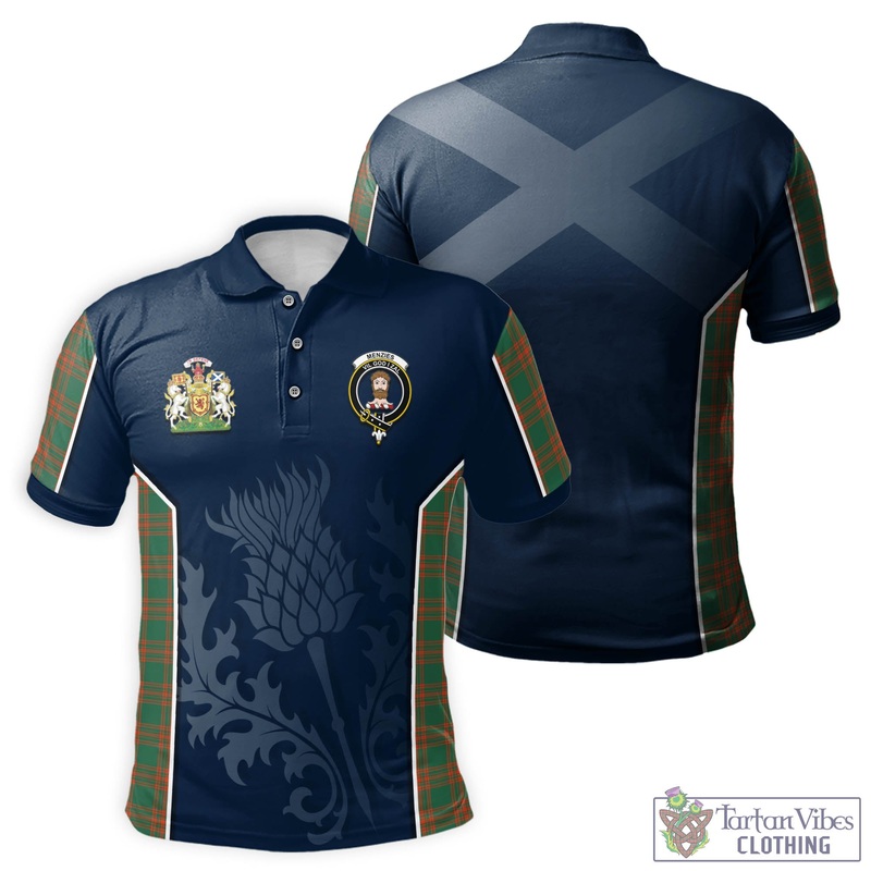 Menzies Green Ancient Tartan Men's Polo Shirt with Family Crest and Scottish Thistle Vibes Sport Style