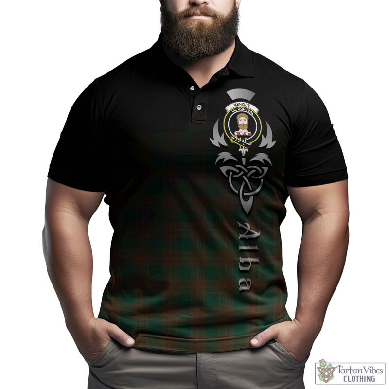 Menzies Green Ancient Tartan Polo Shirt Featuring Alba Gu Brath Family Crest Celtic Inspired