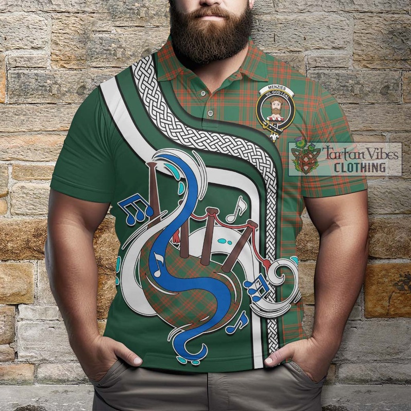 Menzies Green Ancient Tartan Polo Shirt with Epic Bagpipe Style