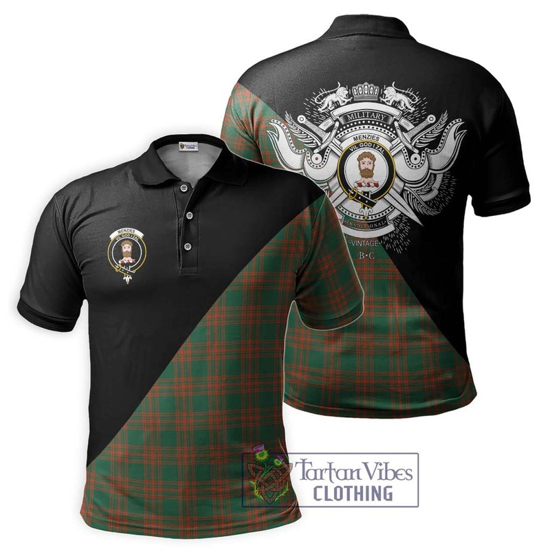 Menzies Green Ancient Tartan Polo Shirt with Family Crest and Military Logo Style