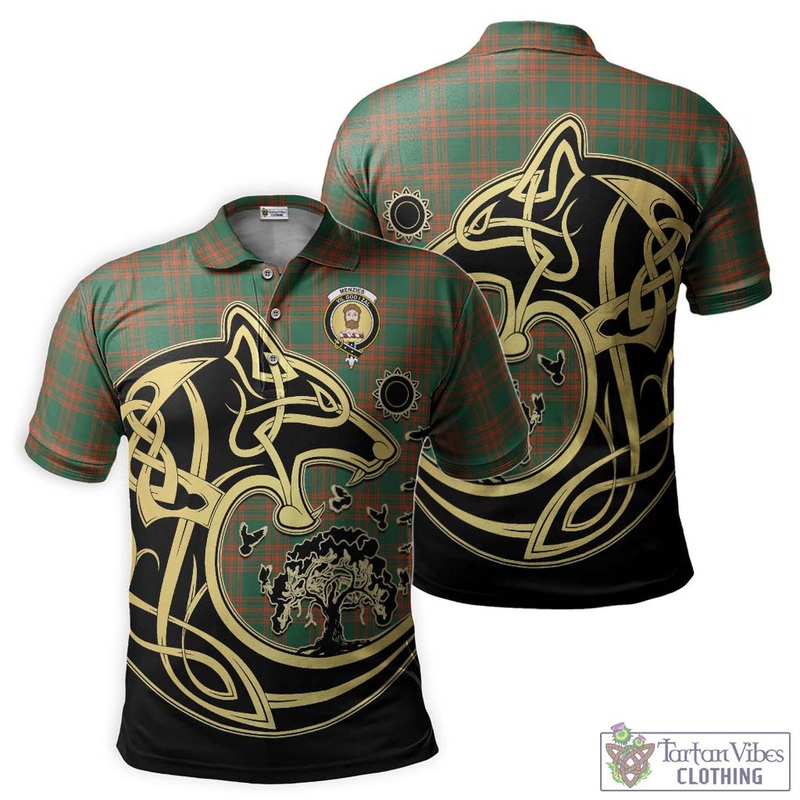 Menzies Green Ancient Tartan Polo Shirt with Family Crest Celtic Wolf Style