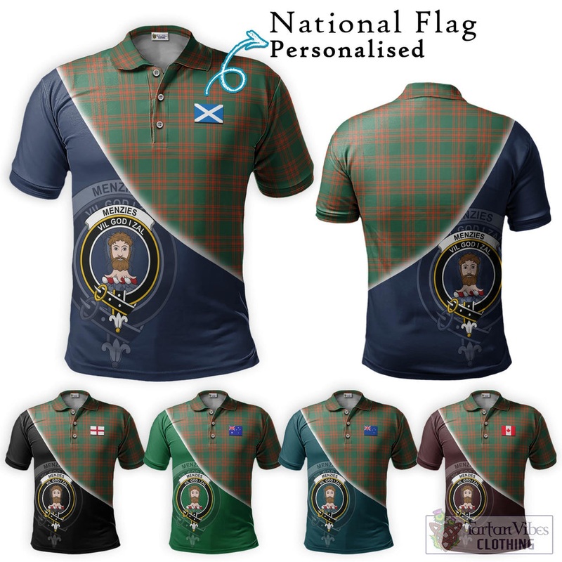 Menzies Green Ancient Tartan Polo Shirt with Personalised National Flag and Family Crest Half Style