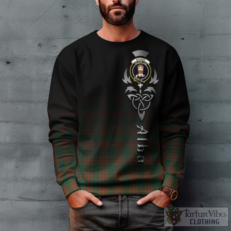 Menzies Green Ancient Tartan Sweatshirt Featuring Alba Gu Brath Family Crest Celtic Inspired