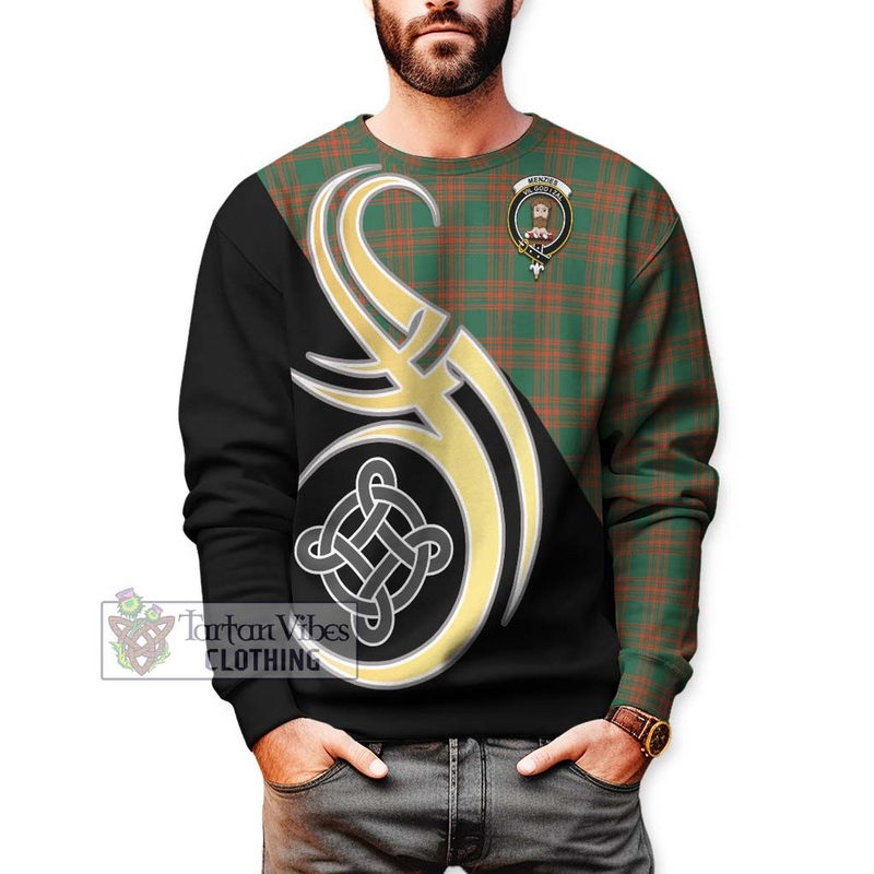 Menzies Green Ancient Tartan Sweatshirt with Family Crest and Celtic Symbol Style