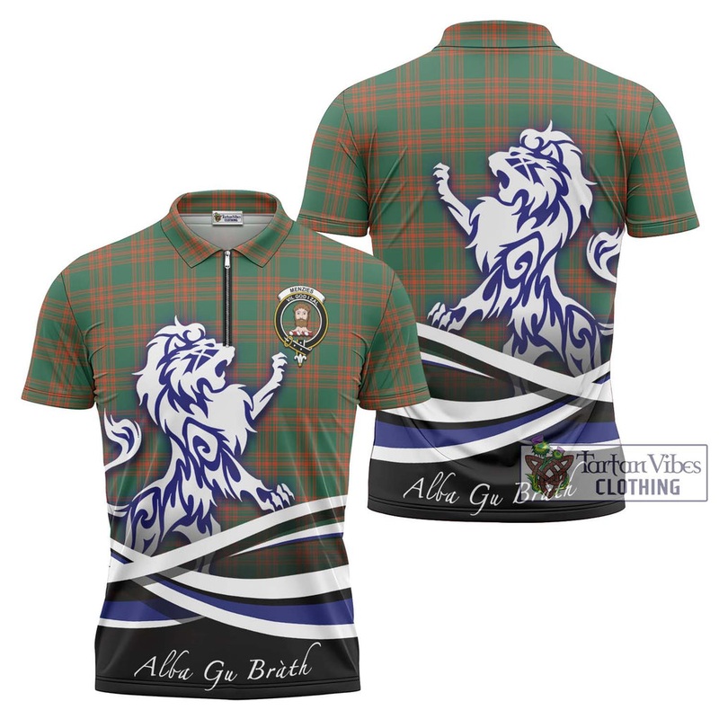 Menzies Green Ancient Tartan Zipper Polo Shirt with Alba Gu Brath Regal Lion Emblem