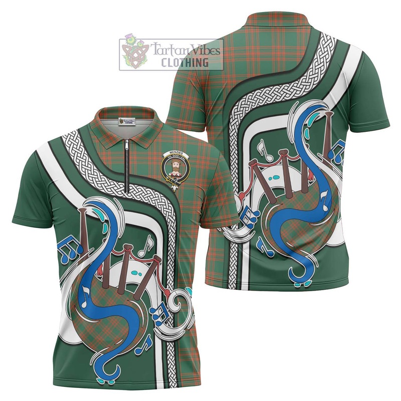 Menzies Green Ancient Tartan Zipper Polo Shirt with Epic Bagpipe Style