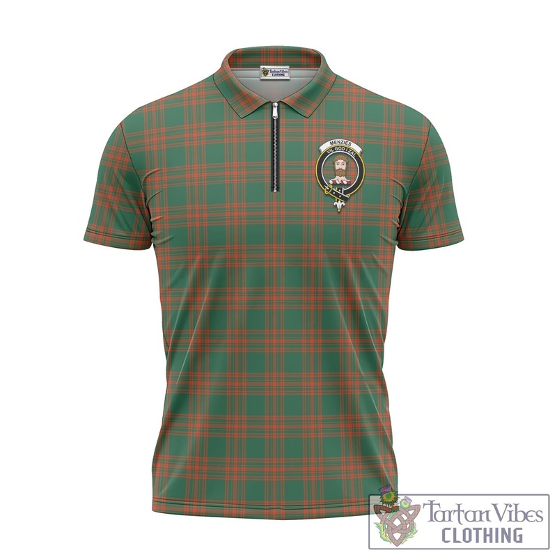 Menzies Green Ancient Tartan Zipper Polo Shirt with Family Crest