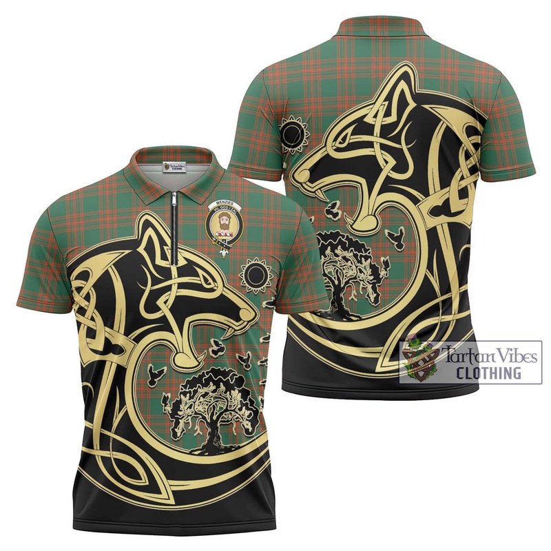 Menzies Green Ancient Tartan Zipper Polo Shirt with Family Crest Celtic Wolf Style