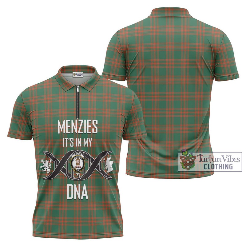 Menzies Green Ancient Tartan Zipper Polo Shirt with Family Crest DNA In Me Style
