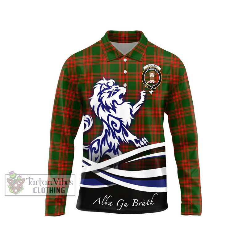 Menzies Green Modern Tartan Long Sleeve Polo Shirt with Alba Gu Brath Regal Lion Emblem