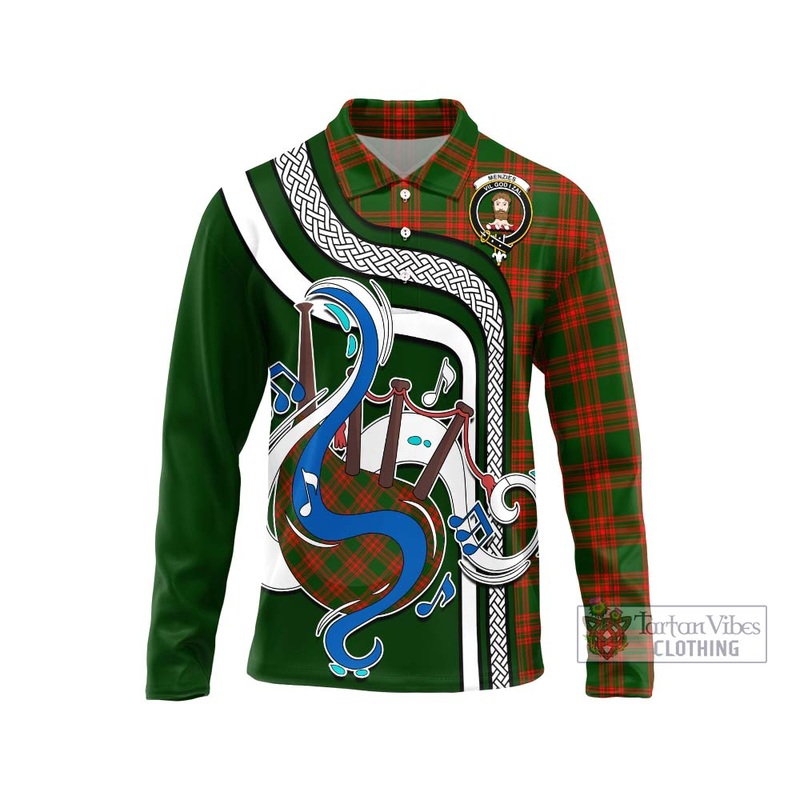 Menzies Green Modern Tartan Long Sleeve Polo Shirt with Epic Bagpipe Style