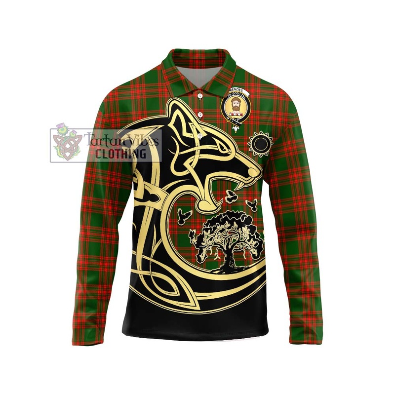 Menzies Green Modern Tartan Long Sleeve Polo Shirt with Family Crest Celtic Wolf Style