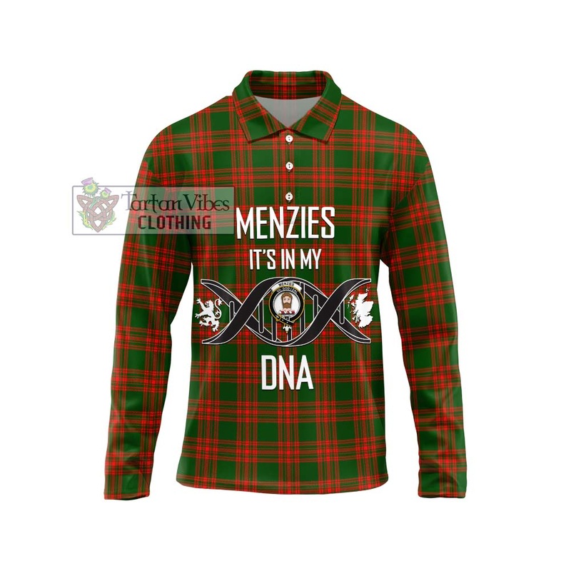 Menzies Green Modern Tartan Long Sleeve Polo Shirt with Family Crest DNA In Me Style