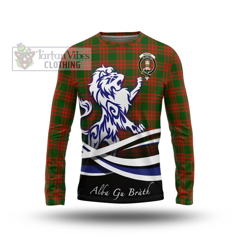 Menzies Green Modern Tartan Long Sleeve T-Shirt with Alba Gu Brath Regal Lion Emblem