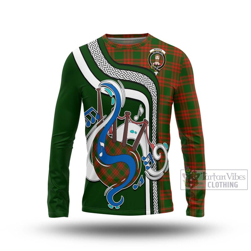 Menzies Green Modern Tartan Long Sleeve T-Shirt with Epic Bagpipe Style