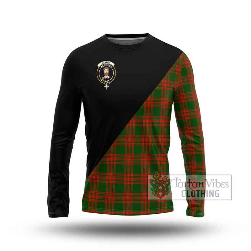 Menzies Green Modern Tartan Long Sleeve T-Shirt with Family Crest and Military Logo Style
