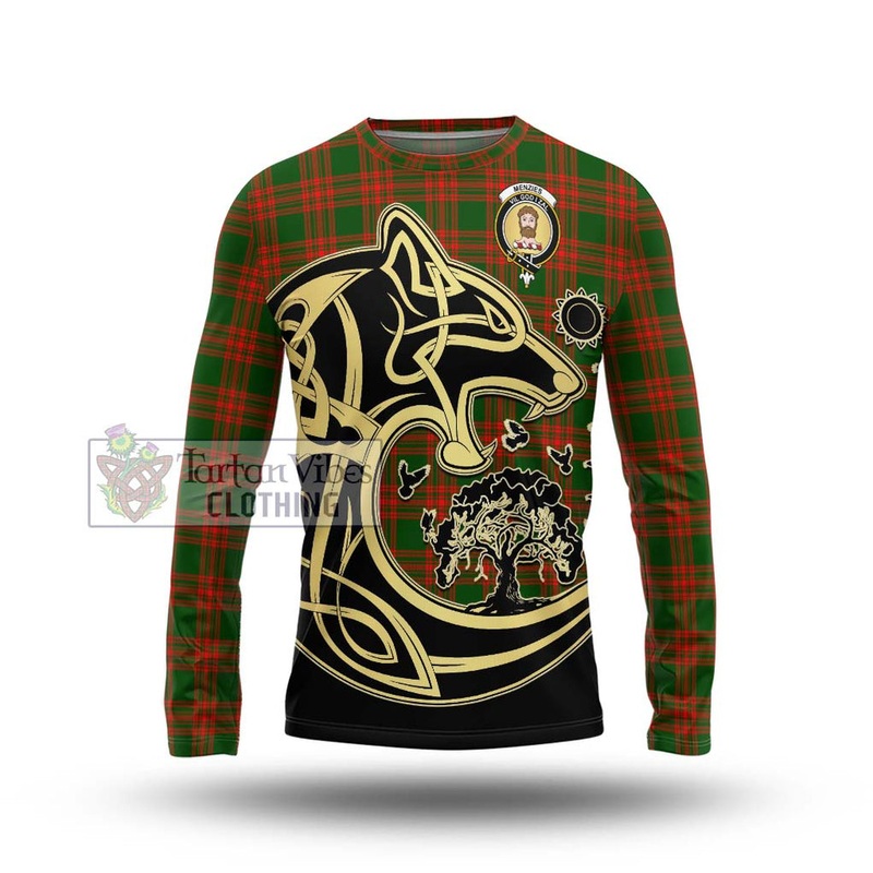 Menzies Green Modern Tartan Long Sleeve T-Shirt with Family Crest Celtic Wolf Style