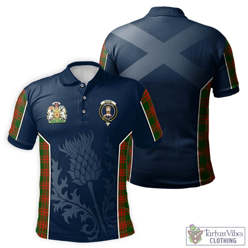 Menzies Green Modern Tartan Men's Polo Shirt with Family Crest and Scottish Thistle Vibes Sport Style