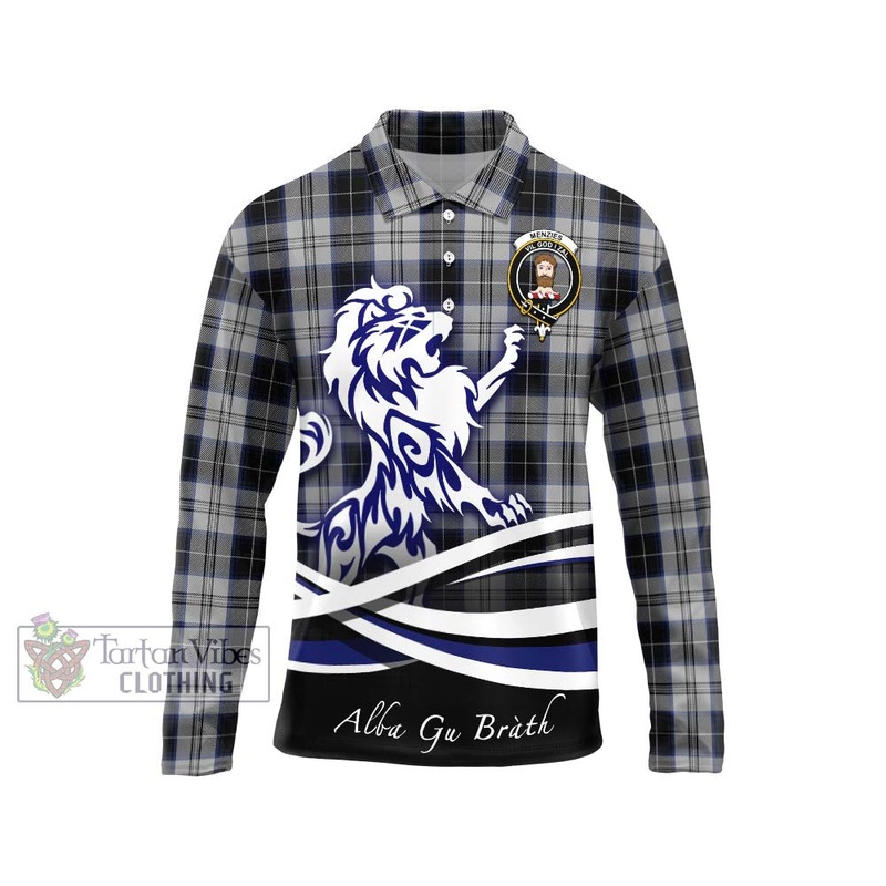 Menzies Black Dress Tartan Long Sleeve Polo Shirt with Alba Gu Brath Regal Lion Emblem