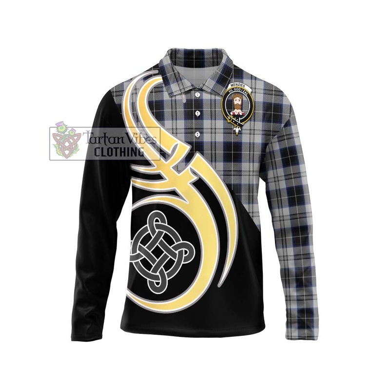Menzies Black Dress Tartan Long Sleeve Polo Shirt with Family Crest and Celtic Symbol Style