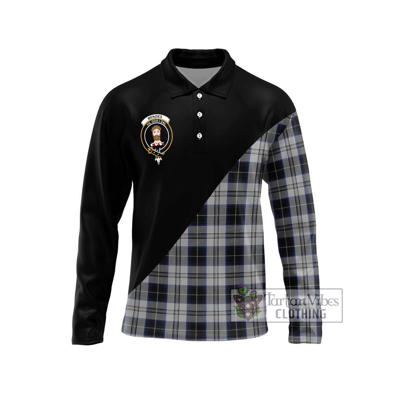 Menzies Black Dress Tartan Long Sleeve Polo Shirt with Family Crest and Military Logo Style