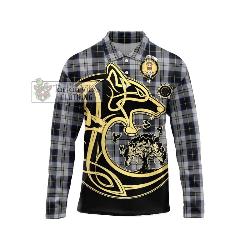 Menzies Black Dress Tartan Long Sleeve Polo Shirt with Family Crest Celtic Wolf Style