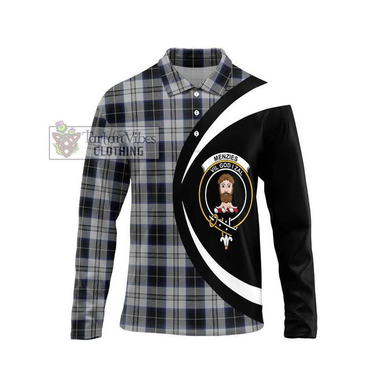 Menzies Black Dress Tartan Long Sleeve Polo Shirt with Family Crest Circle Style