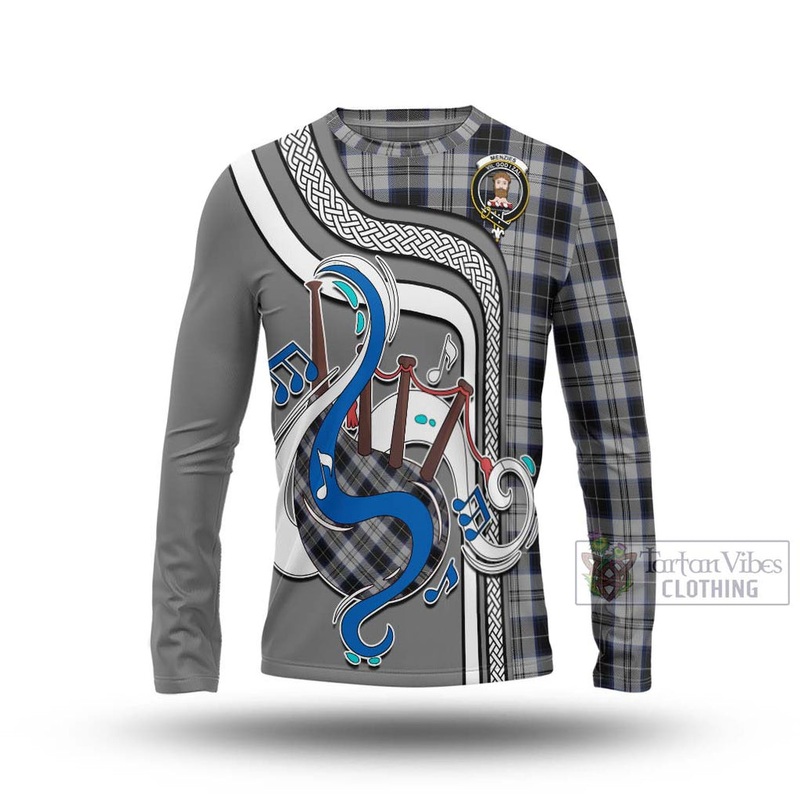 Menzies Black Dress Tartan Long Sleeve T-Shirt with Epic Bagpipe Style