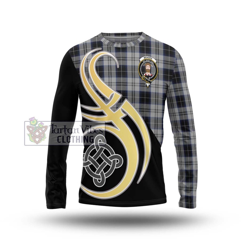 Menzies Black Dress Tartan Long Sleeve T-Shirt with Family Crest and Celtic Symbol Style