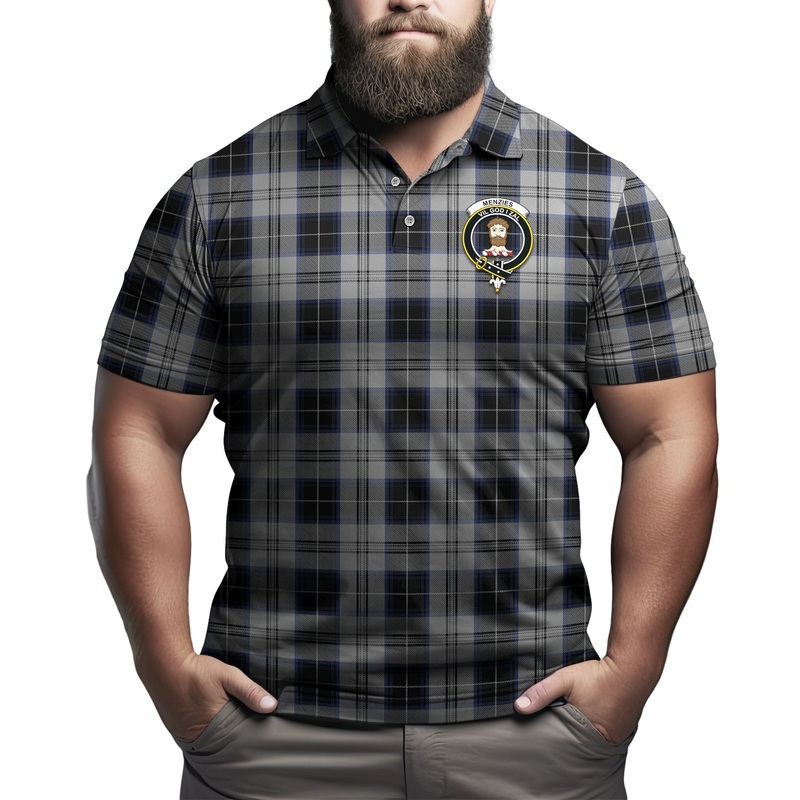 Menzies Black Dress Tartan Men's Polo Shirt with Family Crest