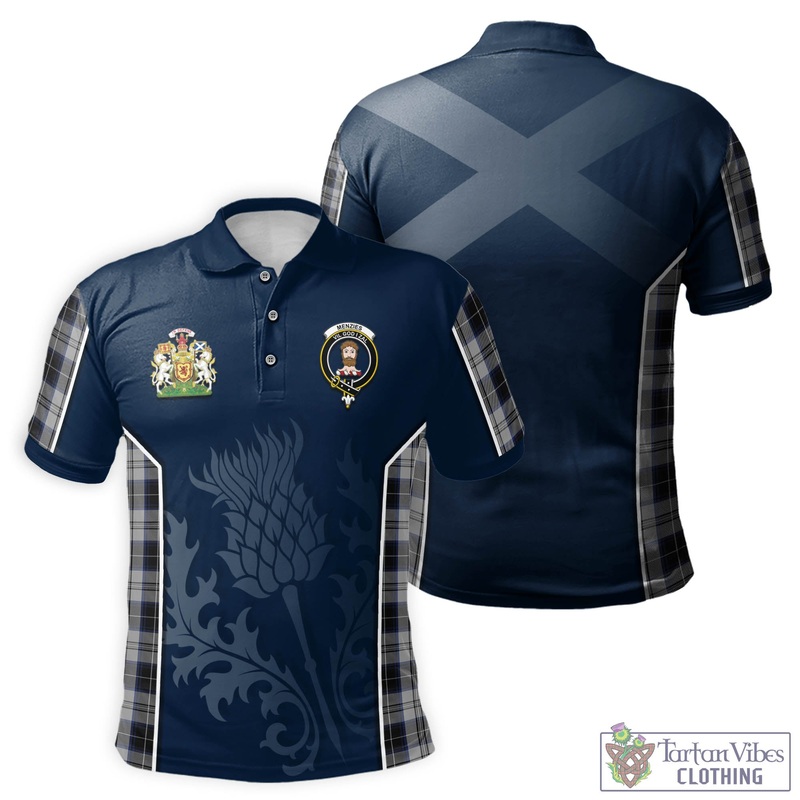 Menzies Black Dress Tartan Men's Polo Shirt with Family Crest and Scottish Thistle Vibes Sport Style