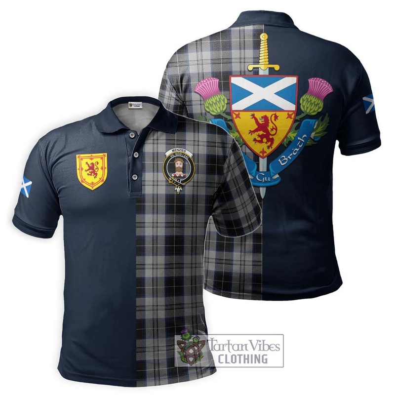 Menzies Black Dress Tartan Polo Shirt Alba with Scottish Lion Royal Arm Half Style