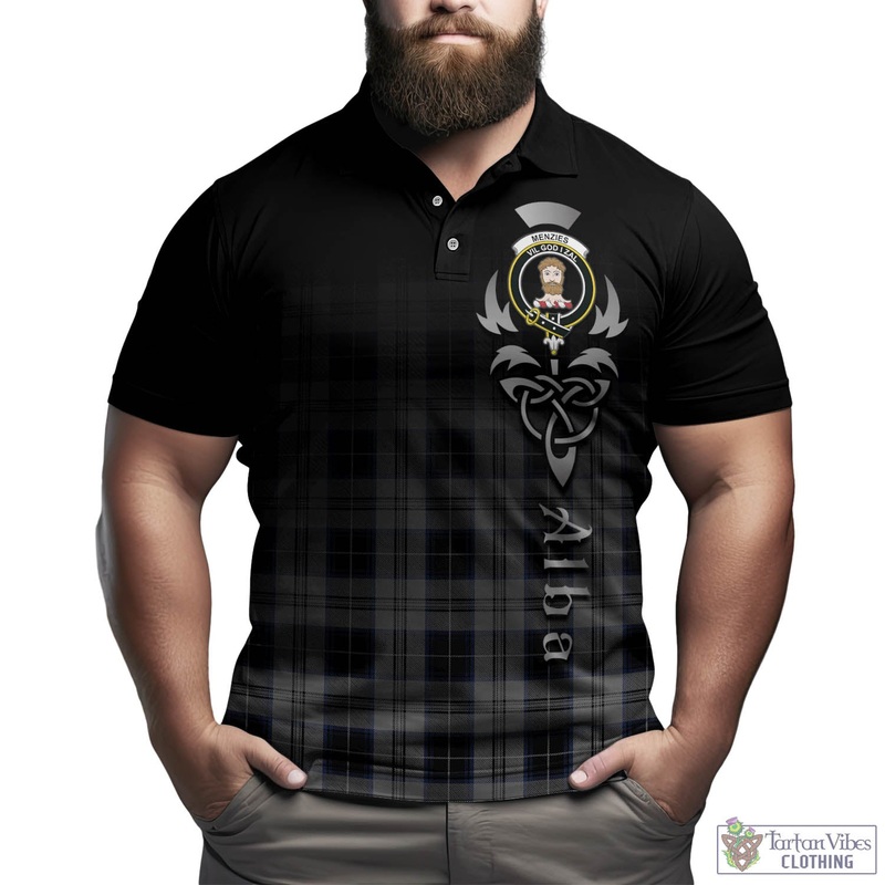 Menzies Black Dress Tartan Polo Shirt Featuring Alba Gu Brath Family Crest Celtic Inspired