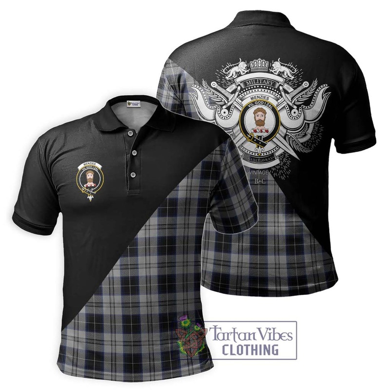 Menzies Black Dress Tartan Polo Shirt with Family Crest and Military Logo Style