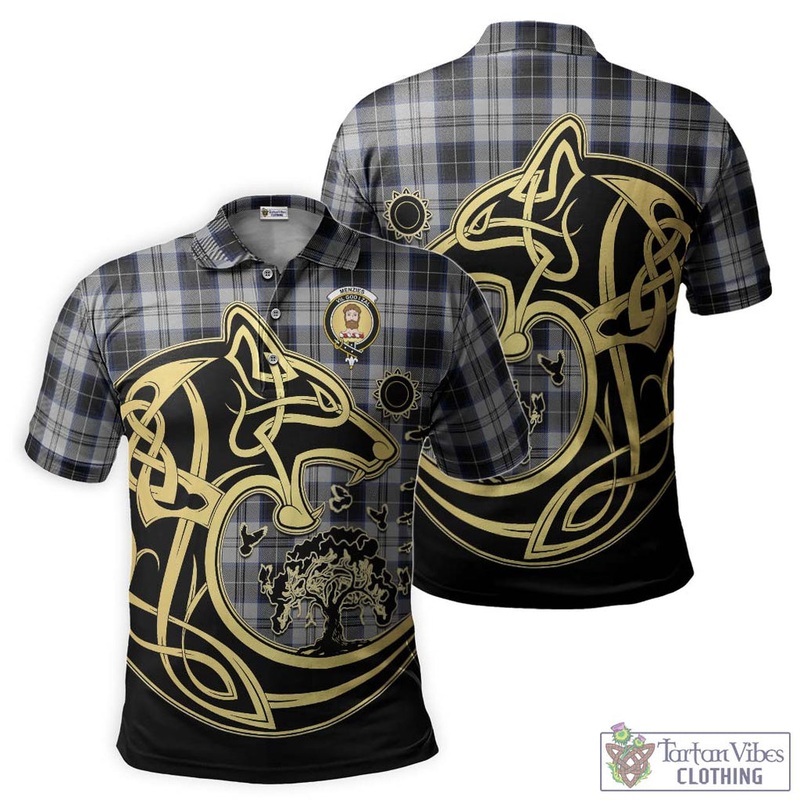 Menzies Black Dress Tartan Polo Shirt with Family Crest Celtic Wolf Style