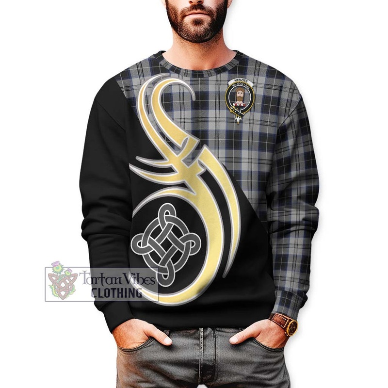Menzies Black Dress Tartan Sweatshirt with Family Crest and Celtic Symbol Style