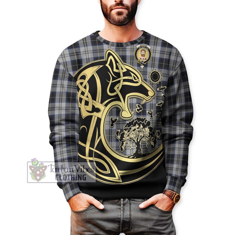 Menzies Black Dress Tartan Sweatshirt with Family Crest Celtic Wolf Style