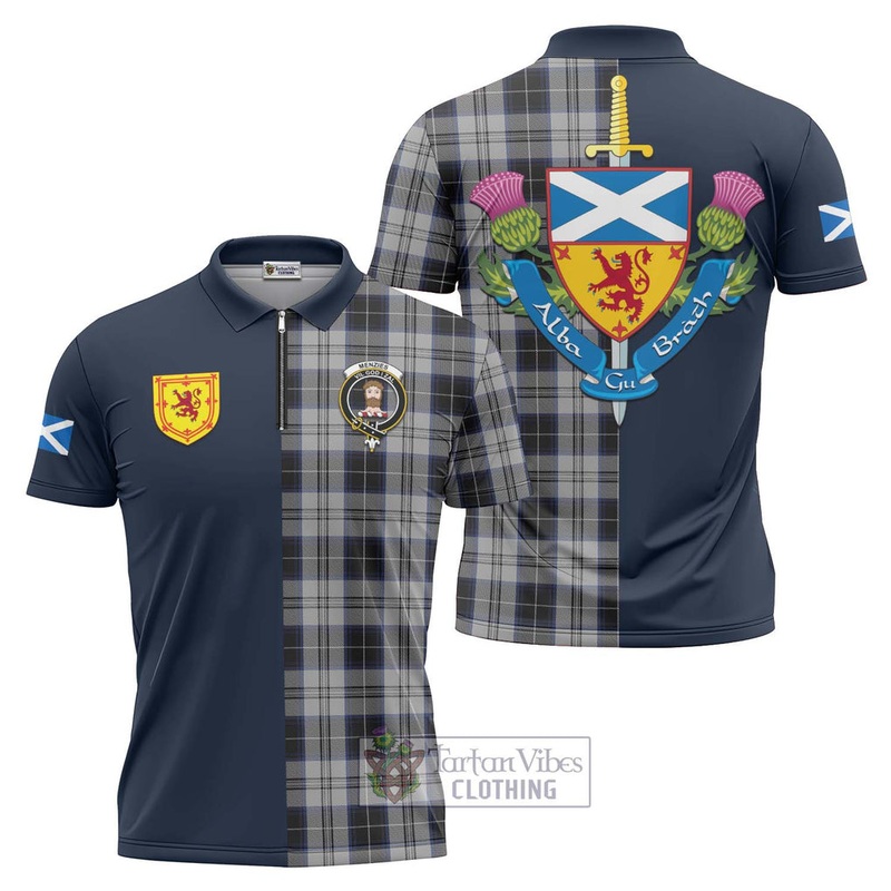 Menzies Black Dress Tartan Zipper Polo Shirt Alba with Scottish Lion Royal Arm Half Style