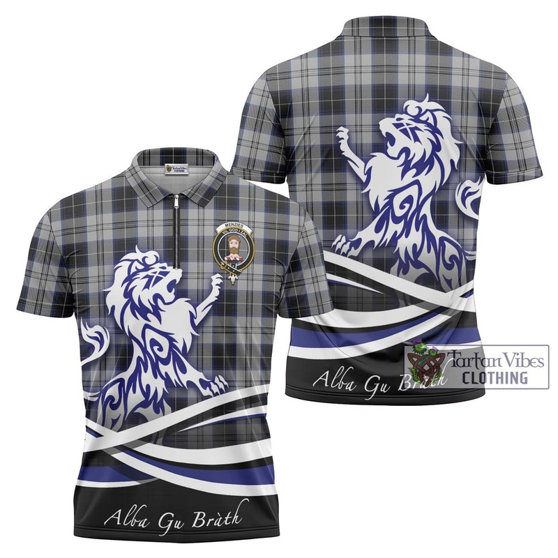 Menzies Black Dress Tartan Zipper Polo Shirt with Alba Gu Brath Regal Lion Emblem