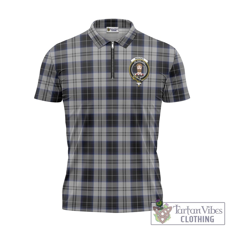 Menzies Black Dress Tartan Zipper Polo Shirt with Family Crest