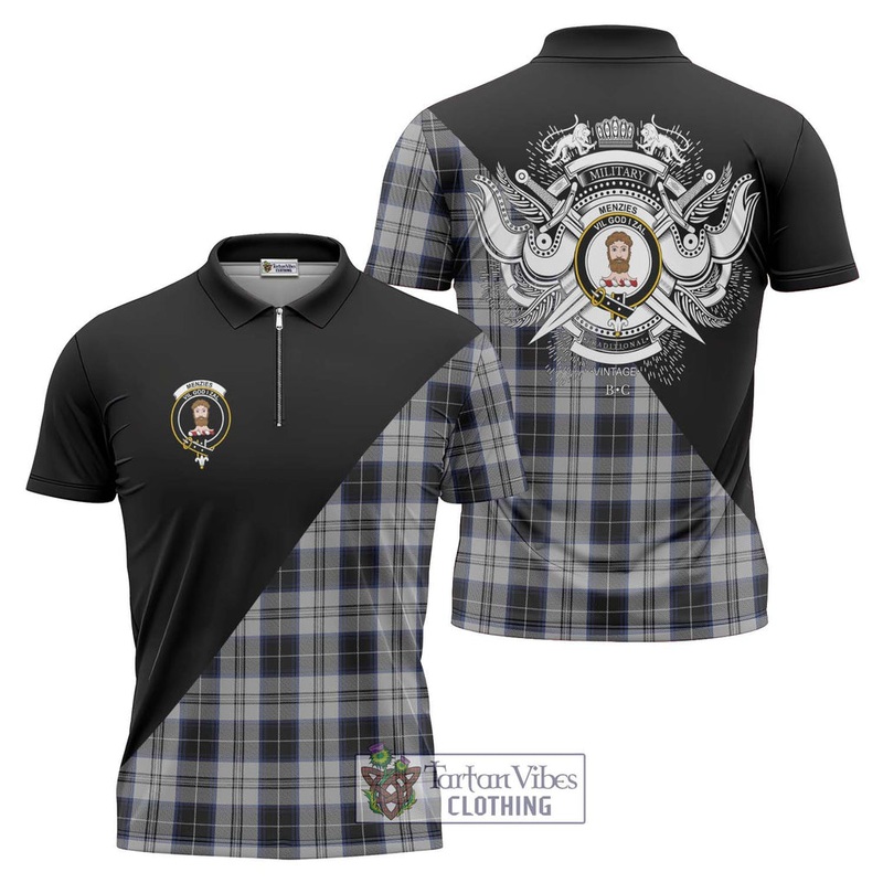 Menzies Black Dress Tartan Zipper Polo Shirt with Family Crest and Military Logo Style