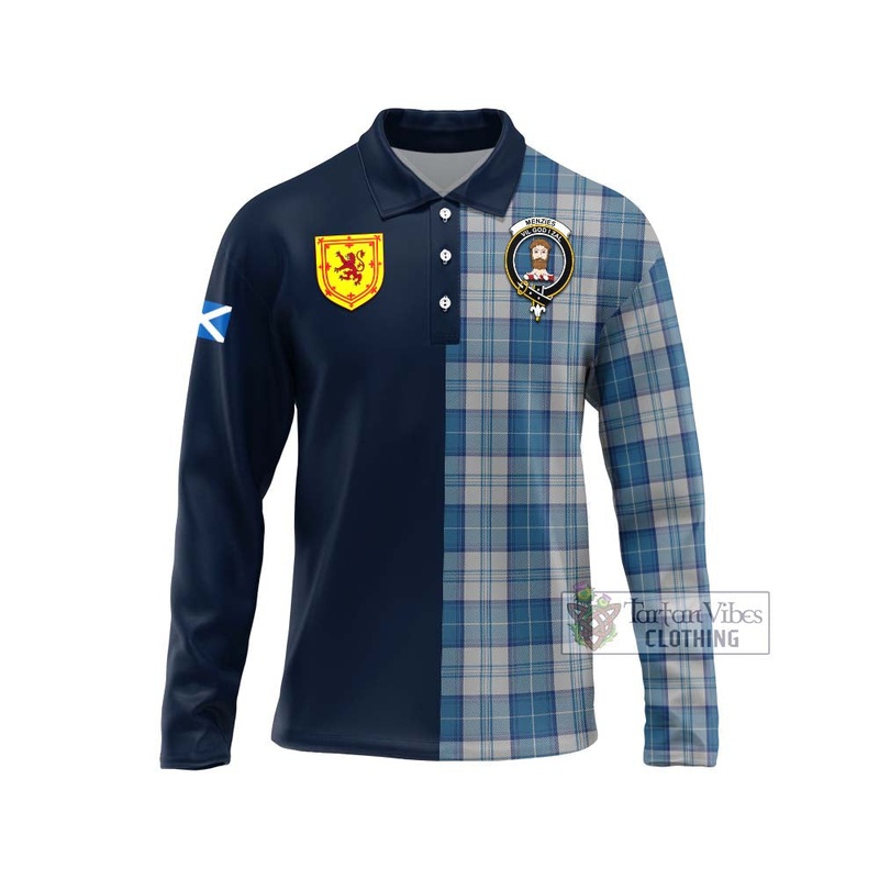 Menzies Dress Blue and White Tartan Long Sleeve Polo Shirt Alba with Scottish Lion Royal Arm Half Style