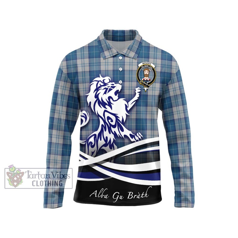Menzies Dress Blue and White Tartan Long Sleeve Polo Shirt with Alba Gu Brath Regal Lion Emblem