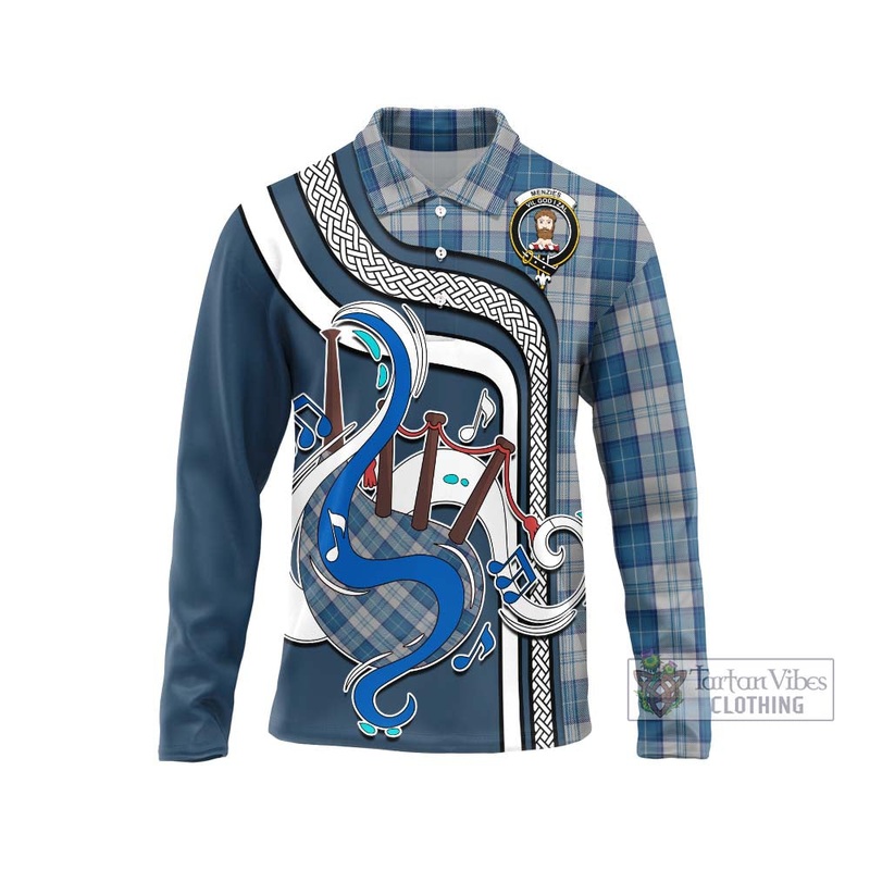 Menzies Dress Blue and White Tartan Long Sleeve Polo Shirt with Epic Bagpipe Style