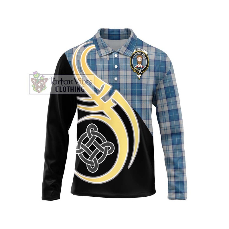 Menzies Dress Blue and White Tartan Long Sleeve Polo Shirt with Family Crest and Celtic Symbol Style
